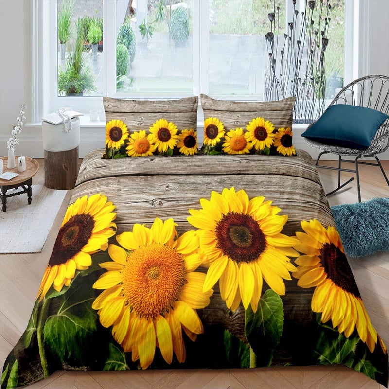 Feelyou Sunflower Duvet Cover Botanical Floral Printed Bedding Set for Kids Women Adults Yellow Blossom Flowers Comforter Cover Wooden Scenes Bedspread Cover Bedroom Collection 3Pcs Queen Size