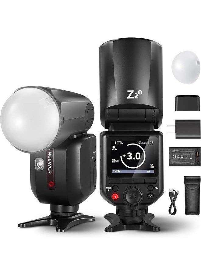 نيوير EEWER Z2-N 2.4G TTL Round Head Flash Speedlite لنيكون، 76Ws Speedlight مع موزع قبة، واجهة مستخدم مطورة، مفتاح تبديل TTL/M TCM، 2 مصابيح للنمذجة 1/8000s HSS 7.4V/2600mAh بطارية 480 فلاش طاقة كاملة  - Image 1