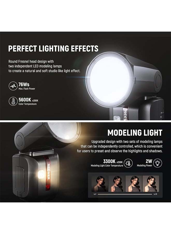 نيوير EEWER Z2-N 2.4G TTL Round Head Flash Speedlite لنيكون، 76Ws Speedlight مع موزع قبة، واجهة مستخدم مطورة، مفتاح تبديل TTL/M TCM، 2 مصابيح للنمذجة 1/8000s HSS 7.4V/2600mAh بطارية 480 فلاش طاقة كاملة  - Image 3