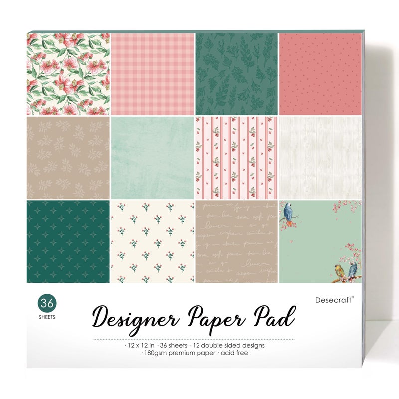 Desecraft Vintage Pink Green 12x12 Scrapbooking Cardstock Decorative Paper - 36 Sheets - for Card Making Background Origami Textured Decorative Scrapbook Paper Scrapbook Materials Supplies - Image 1