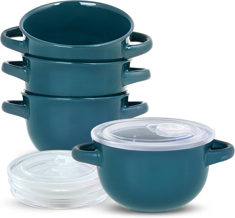 Kook French Onion Soup Bowls, Crocks, Oven Safe Bowls, Soup Mugs, Ceramic Bowls, Dishwasher, Microwave, Set of 4, 18 oz (Teal) - Image 1