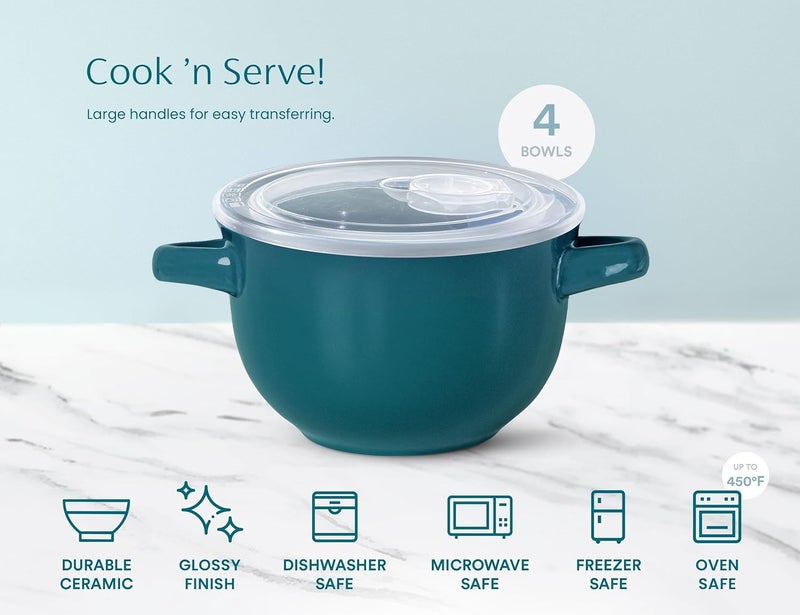 Kook French Onion Soup Bowls, Crocks, Oven Safe Bowls, Soup Mugs, Ceramic Bowls, Dishwasher, Microwave, Set of 4, 18 oz (Teal) - Image 5