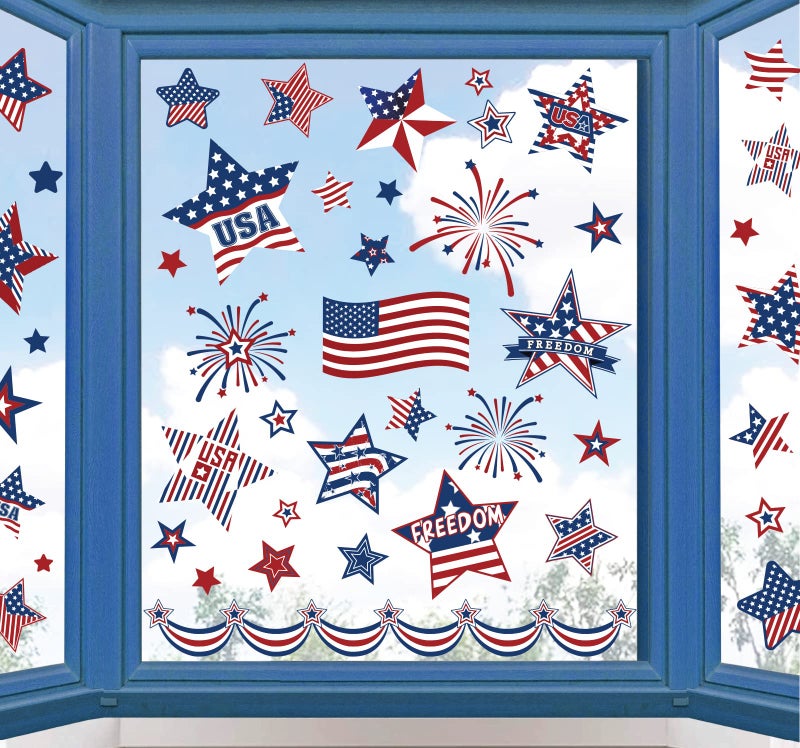 Whaline Waline Patriotic Window Clings Stickers  USA Stars Shape Decals DoubleSided for Veterans Day 4th of July Independence Day  School Parties