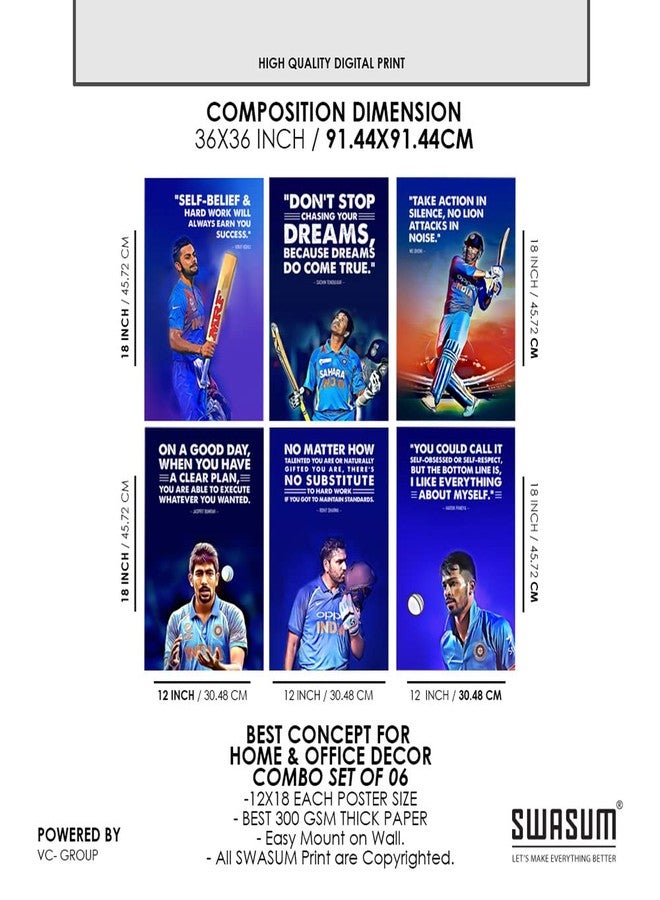 SWASUM Motivational and Inspirational Quotes Wall Posters, (Cricket Sport Poster), 12x18 Each, Pack of 06 Paper Print - Image 3