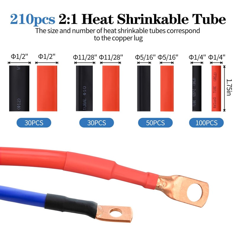 Mdvora Cable Lug Crimping Tool with 170pcs Copper Wire Lugs, Wire Crimping Tool for AWG 10-1/0 Electrical Lug Crimper, with Cable Cutter, 210pcs Dual Wall Adhesive Heat Shrink Tubing - Image 4
