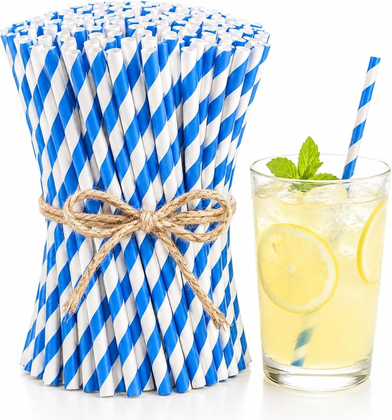 Haundry 100 Blue and White Striped Paper Straws, Biodegradable Disposable Drinking Straws for Birthday, Wedding, Baby Shower, Fourth of July, Party Decoration Supplies - Image 1