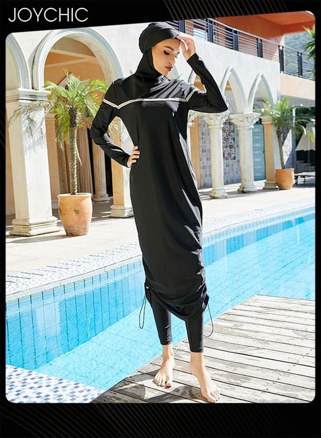 Joychic ملابس سباحة صيفية كاملة التغطية للنساء المسلمات بأكمام طويلة لحماية من الشمس، ملابس سباحة سريعة الجفاف بسحاب، سوداء - Image 1