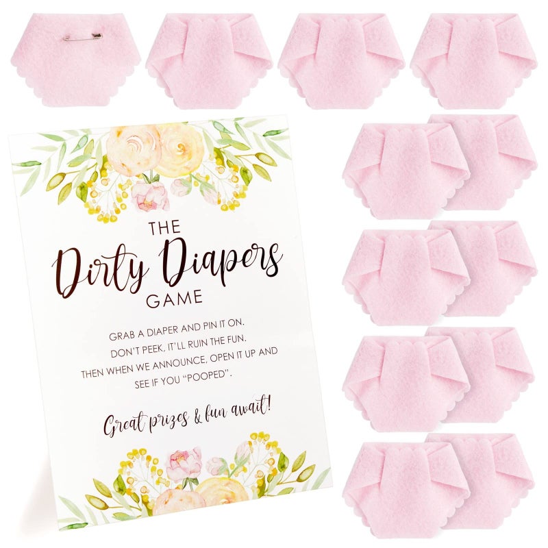 Sparkle and Bash Sparkle and Bash Dirty Diaper Baby Shower Game  Baby Shower Game for Girl with 12 Mini Pink Diapers  85 x 11 Instruction Card Sign 