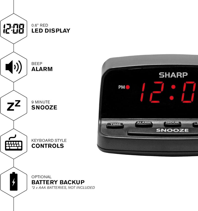 SHARP ساعة منبه رقمية مع تحكم بأسلوب لوحة المفاتيح، احتياطي بطارية، سهلة الاستخدام مع عملية بسيطة، هيكل أسود مع شاشة LED حمراء - Image 3