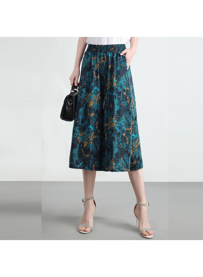 New Summer Women's Floral Cropped Pants For Middle-aged And Elderly Mothers Elastic Waist Thin Wide-leg Pants High Waist Culottes 