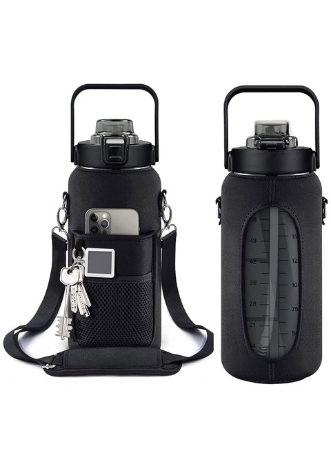 2L Half Gallon Water Bottle, Sport Water Jug with Sleeve and Strap, Motivational Drink Water Bottle for Gym and Workout Wat(Black)