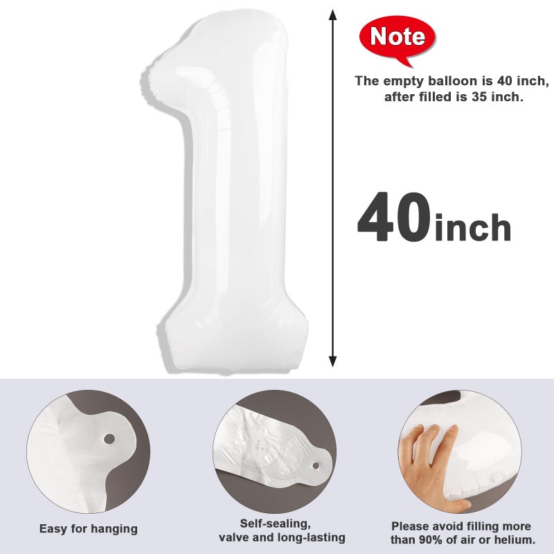Mluchee Number Balloons 1, 40 Inch Ballons for Girl Boy 1st 1 11 21 Birthday Decorations Baby Shower Photo Shoot, White One Balloons - Image 5
