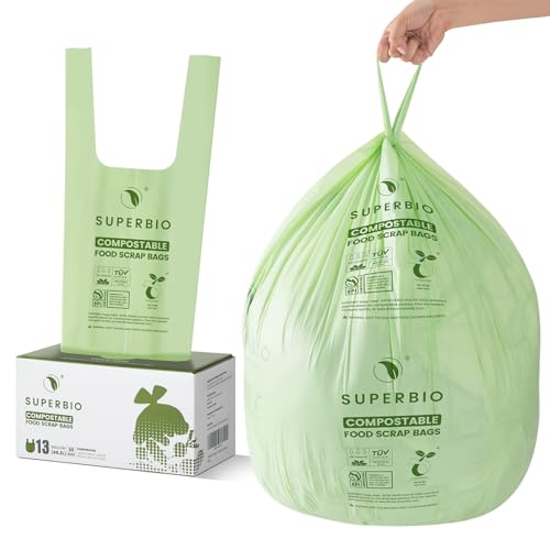 SUPERBIO 13 Gallon Compostable Kitchen Waste Bags with Handles, Food Scrap Bags Certified by BPI, OK compost INDUSTRIAL, 30 Count, 49.2L - Image 1