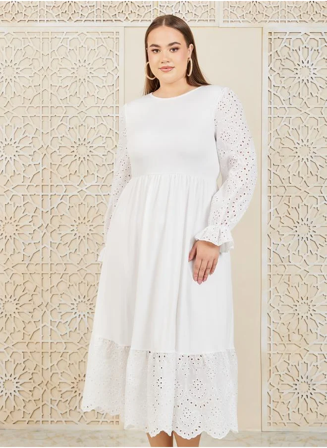 Styli Schiffli Sleeves Hem A-Line Midi Dress
