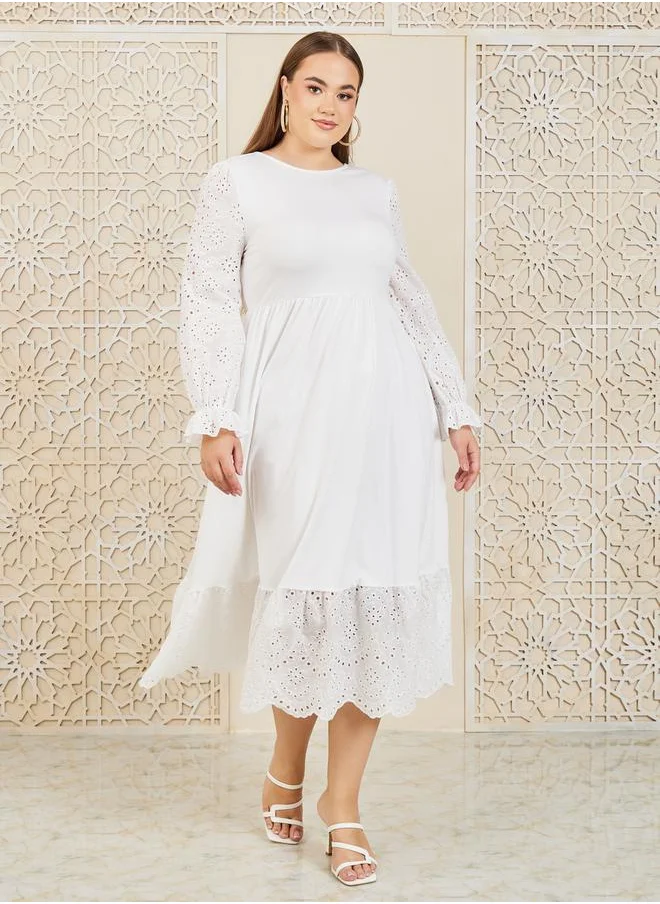 Styli Schiffli Sleeves Hem A-Line Midi Dress