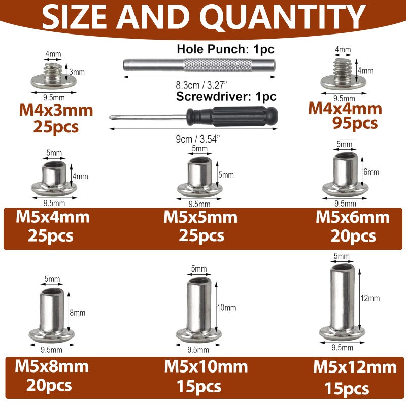Socell 120Sets Chicago Screws Kit,Socell 6 Sizes Chicago Screws for Leather,Binding Screws Leather Rivet kit for Crafts, Clothing, Shoes, Belts, Bags, and Custom-Made Items(Silver, M5*4,5,6,8,10,12) - Image 2