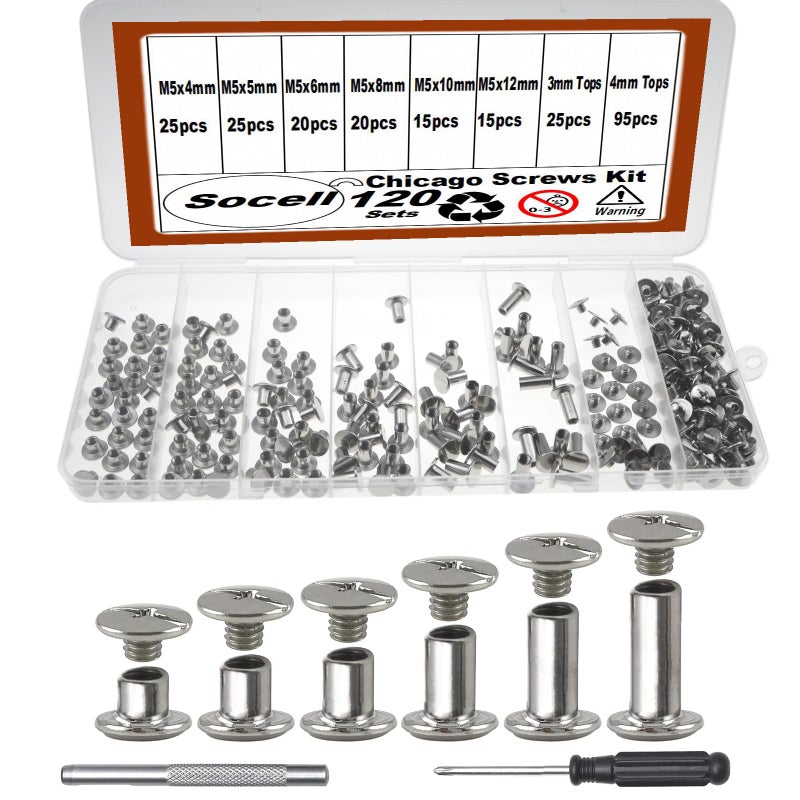 Socell 120Sets Chicago Screws Kit,Socell 6 Sizes Chicago Screws for Leather,Binding Screws Leather Rivet kit for Crafts, Clothing, Shoes, Belts, Bags, and Custom-Made Items(Silver, M5*4,5,6,8,10,12) - Image 1