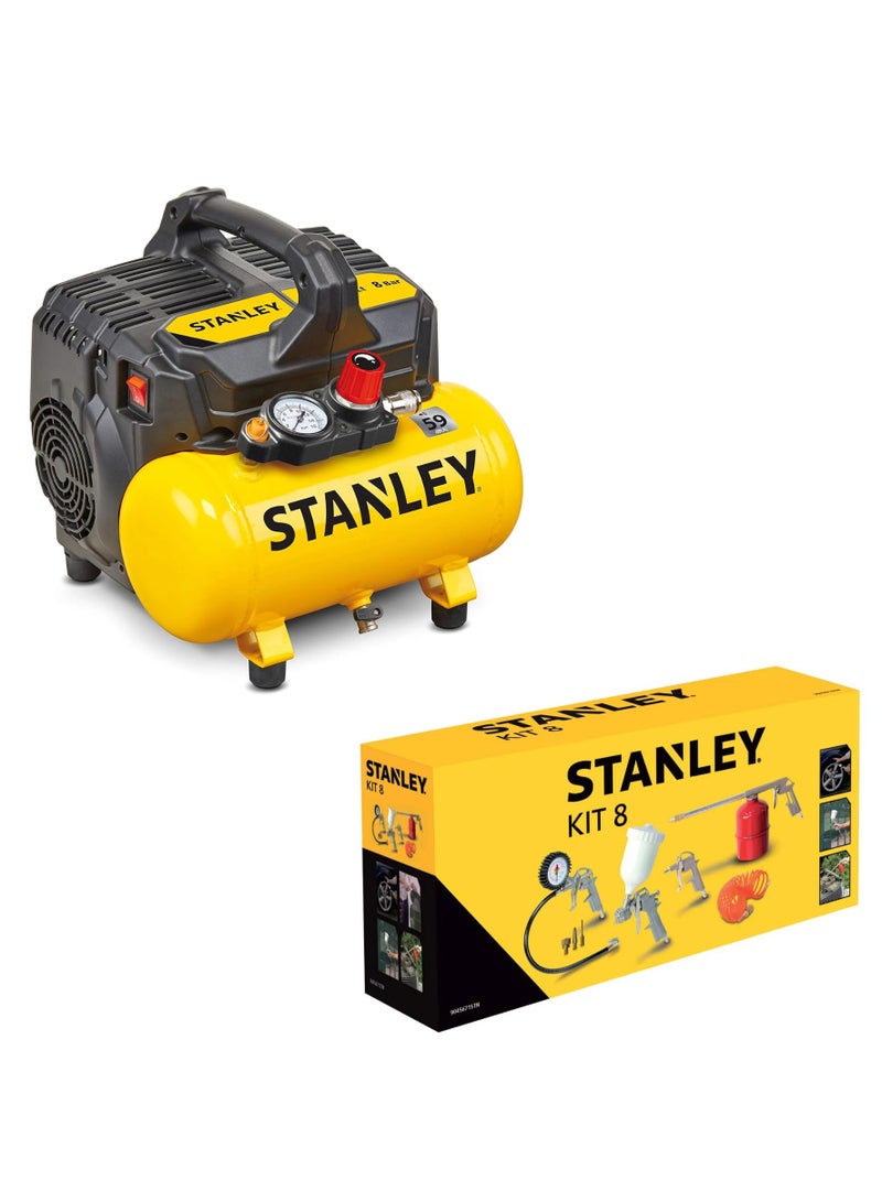 Stanley STANLEY Silent Air Compressor 6L With Air Tools Kit 8 Pcs Combo 