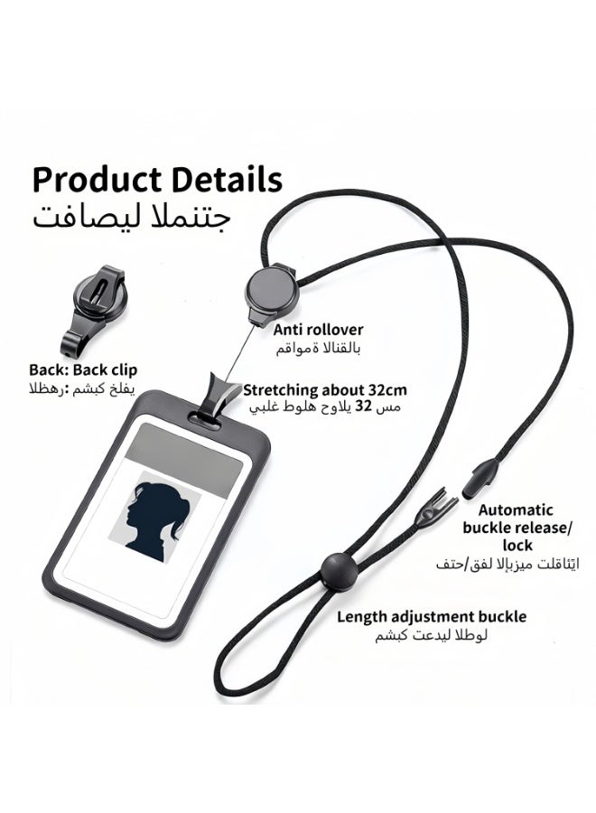 حامل بطاقة قابل للسحب مزود بحبل، بكرة بطاقة هوية مزودة بمشبك أمان قابل للانفصال، حزام عنق قطني ناعم قابل للتعديل، حامل بطاقة عمودي لموظفي المكاتب – أسود - Image 3