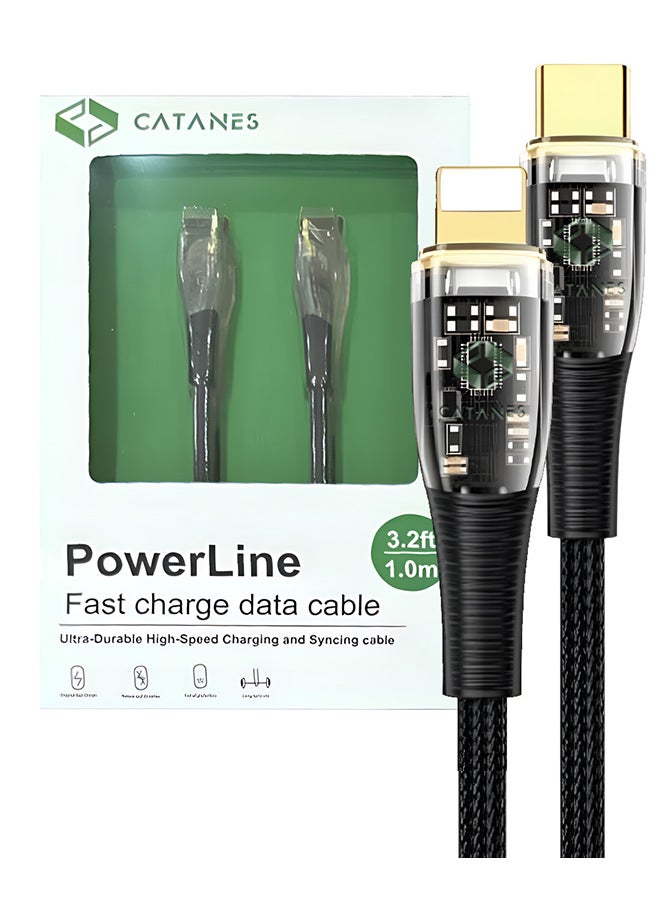 CATANES - USB Type C to Lightning Cable Fast Charging Cable Transparent Adapter Fast Charging Cable Black 1M - Image 1