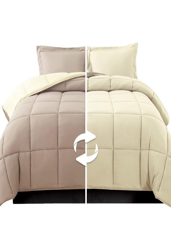 Elegant Comfort Elegant Comfort 3-Piece Reversible Comforter Set, All Season Cozy, Soft Down Alternative, Quilted - Box Stitched - Duvet Insert with 4 Corner Tabs, Comforter with Shams, Queen, Linen/Ivory  - Image 1