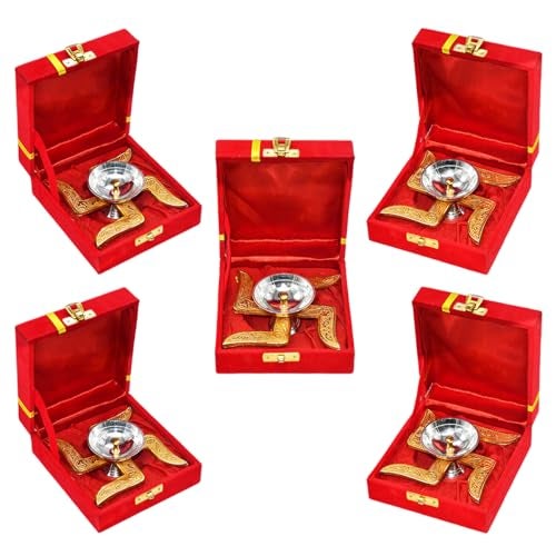 Saugat Traders Corporate Gifts for Diwali Combo Pack of 5 - Metal Swastik Diya with Box Gift for Clients, Office Employees, Family, Friends - Religious Return Gifts Bulk - Image 1