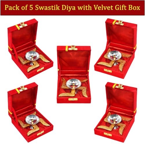 Saugat Traders Corporate Gifts for Diwali Combo Pack of 5 - Metal Swastik Diya with Box Gift for Clients, Office Employees, Family, Friends - Religious Return Gifts Bulk - Image 2