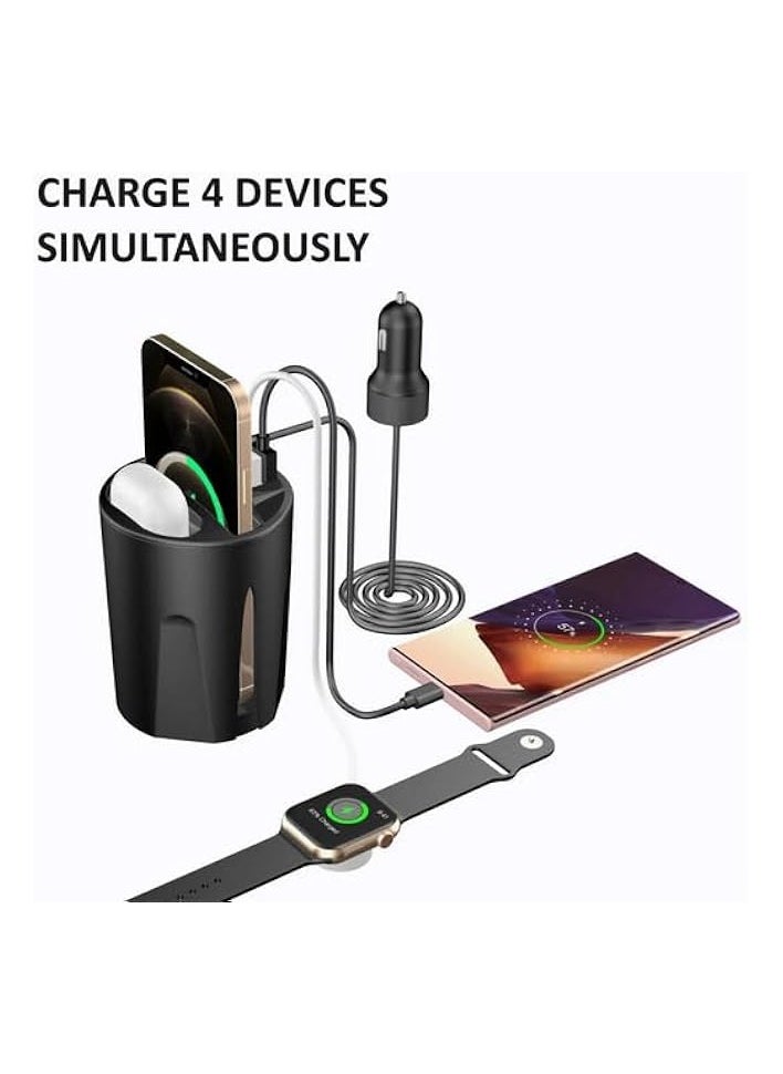 erorex 4-in-1 Car Qi Wireless 15W Charging Cup Holder Fast Car (Mobile Phone/Pods) Charger Cup Wireless Auto Charger-Cup Holder Dual USB Wireless Charging - Black  - Image 4