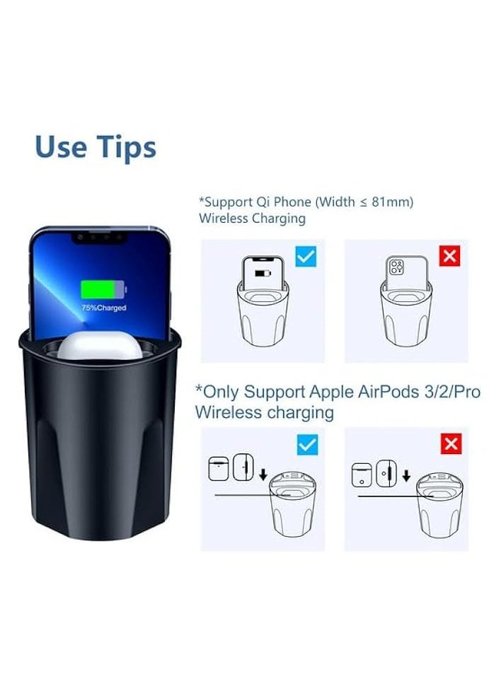 erorex 4-in-1 Car Qi Wireless 15W Charging Cup Holder Fast Car (Mobile Phone/Pods) Charger Cup Wireless Auto Charger-Cup Holder Dual USB Wireless Charging - Black  - Image 5