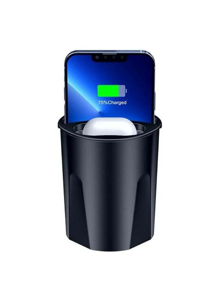 erorex 4-in-1 Car Qi Wireless 15W Charging Cup Holder Fast Car (Mobile Phone/Pods) Charger Cup Wireless Auto Charger-Cup Holder Dual USB Wireless Charging - Black  - Image 1