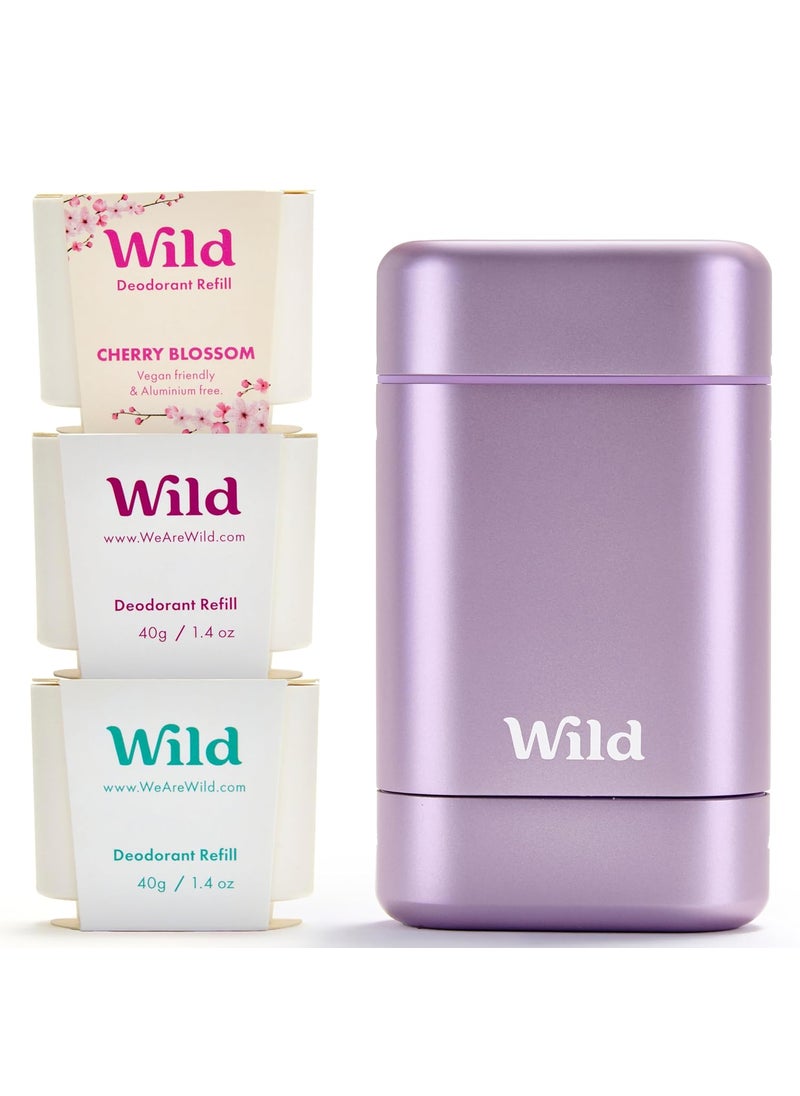 WILD Wild - Purple Case with Refill Variety Pack - Refillable Deodorant - Aluminum Free - Includes Fresh Cotton & Sea Salt, Cherry Blossom and Coconut & Vanilla Scents - Vegan 