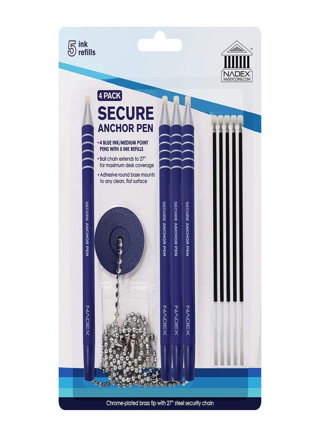 Nadex Ball and Chain Security Pen Set | 4 Pens, 1 Adhesive Mount, and 5 Refills (Blue) - Image 1