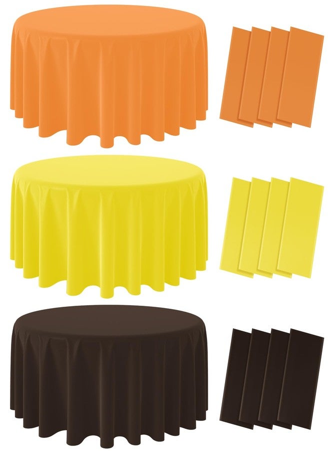 MASHAN 12Pcs Round Plastic Fall Tablecloth Disposable Yellow Coffee Orange Tablecloths Round Table Covers for Happy Fall Decor Thanksgiving Day Harvest Wedding Birthday Baby Shower Party Decoration, 84Inch - Image 1