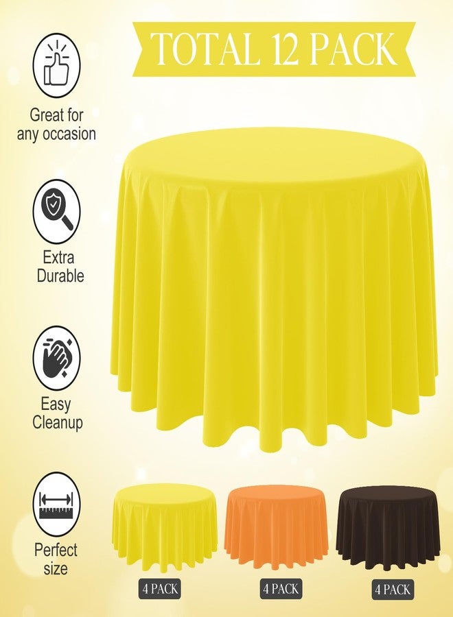 MASHAN 12Pcs Round Plastic Fall Tablecloth Disposable Yellow Coffee Orange Tablecloths Round Table Covers for Happy Fall Decor Thanksgiving Day Harvest Wedding Birthday Baby Shower Party Decoration, 84Inch - Image 3