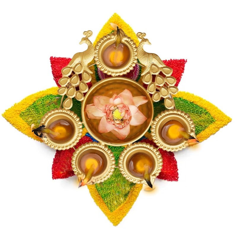 ViNishq Handcrafted Round Shape Decorative Diya Urli Bowl for Floating Flowers and Tea Light Candles HomeOffice and Table DcorDiwali Navratri Every Festive Season Peacock Diya 5 Diya8 in - Image 3