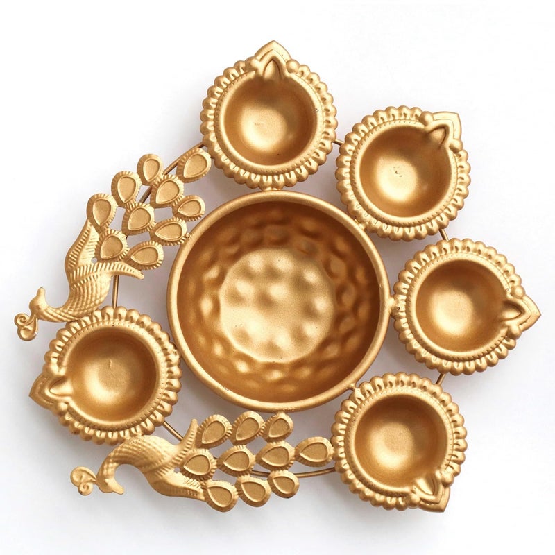 ViNishq Handcrafted Round Shape Decorative Diya Urli Bowl for Floating Flowers and Tea Light Candles HomeOffice and Table DcorDiwali Navratri Every Festive Season Peacock Diya 5 Diya8 in - Image 1