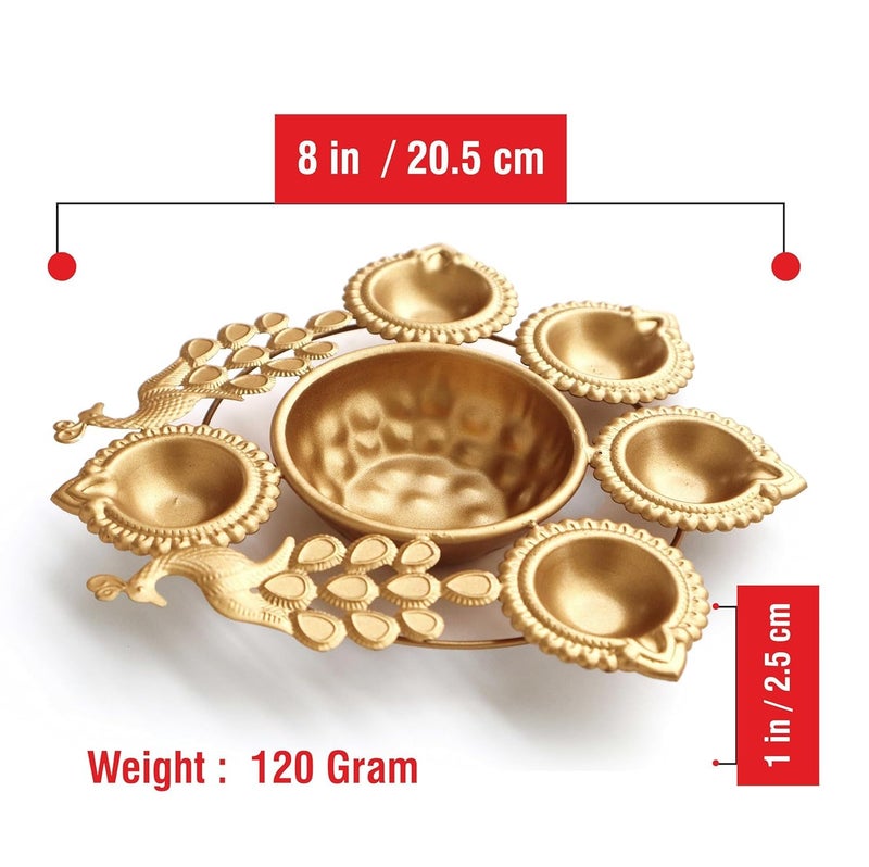 ViNishq Handcrafted Round Shape Decorative Diya Urli Bowl for Floating Flowers and Tea Light Candles HomeOffice and Table DcorDiwali Navratri Every Festive Season Peacock Diya 5 Diya8 in - Image 2