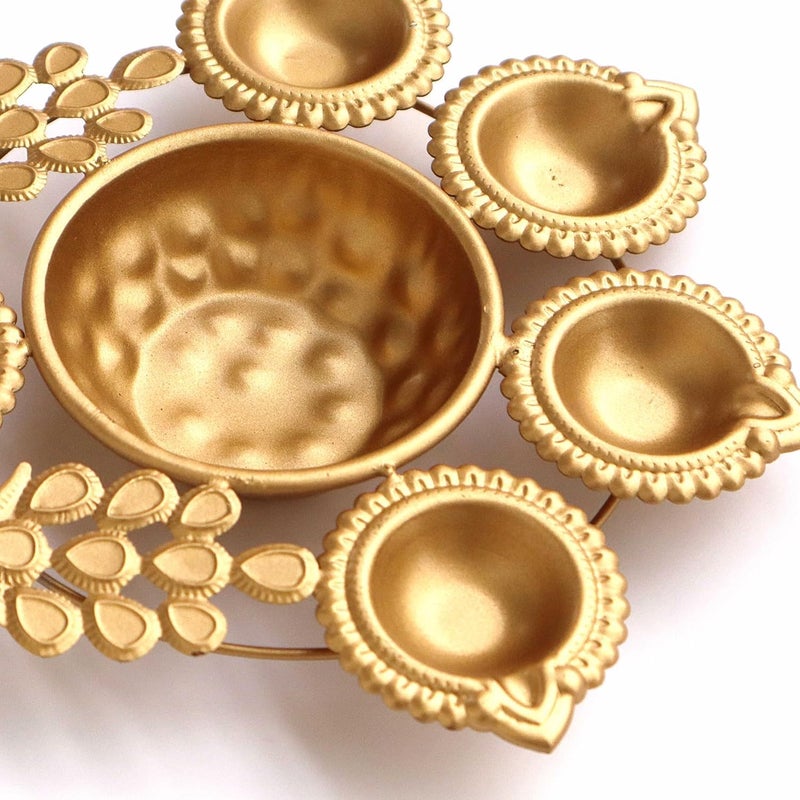 ViNishq Handcrafted Round Shape Decorative Diya Urli Bowl for Floating Flowers and Tea Light Candles HomeOffice and Table DcorDiwali Navratri Every Festive Season Peacock Diya 5 Diya8 in - Image 4