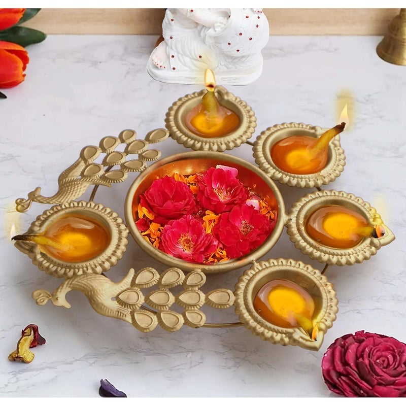 ViNishq Handcrafted Round Shape Decorative Diya Urli Bowl for Floating Flowers and Tea Light Candles HomeOffice and Table DcorDiwali Navratri Every Festive Season Peacock Diya 5 Diya8 in - Image 5