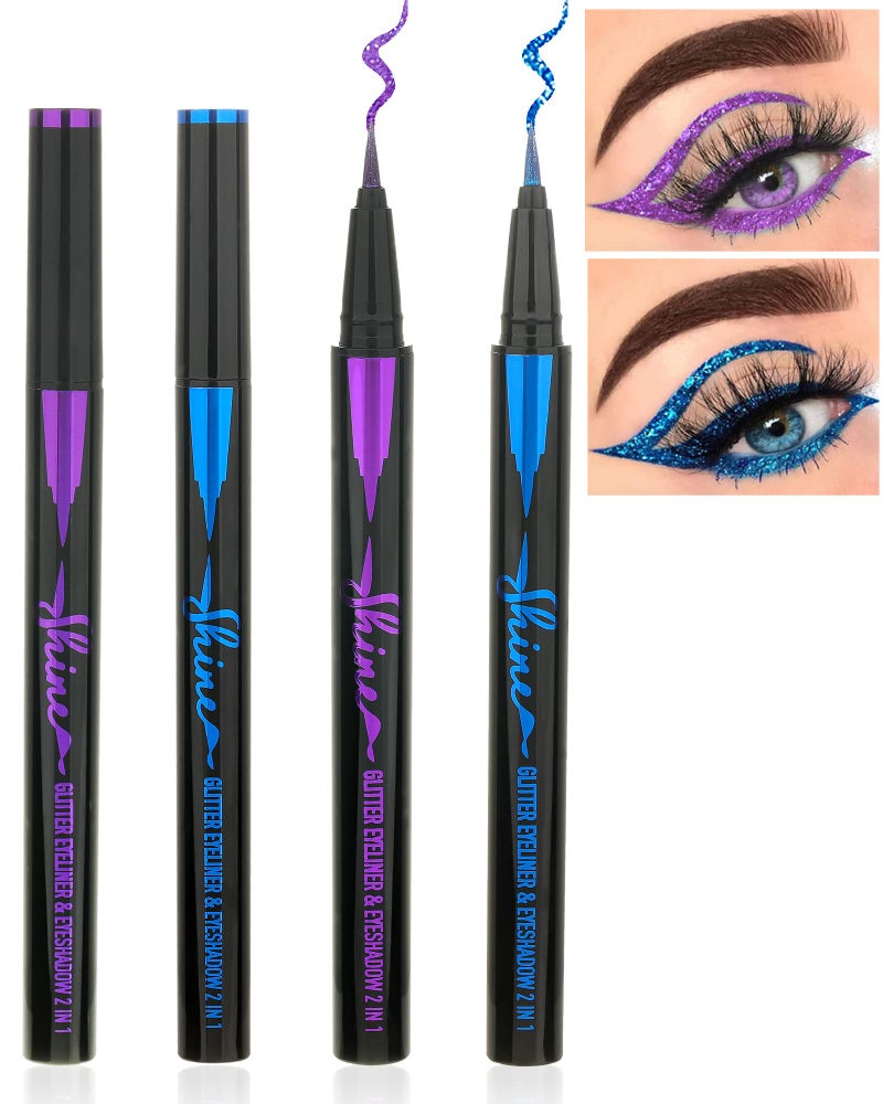 Glitter Eyeliner Liquid Liner Pen2Pcs Blue Purple Metallic Satin Shimmer Sparkling Eye Liner Eyeshadow Makeup Pen Long Lasting High Pigmented Waterproof Smudgeproof Eyeliner Pencil Gift for Women