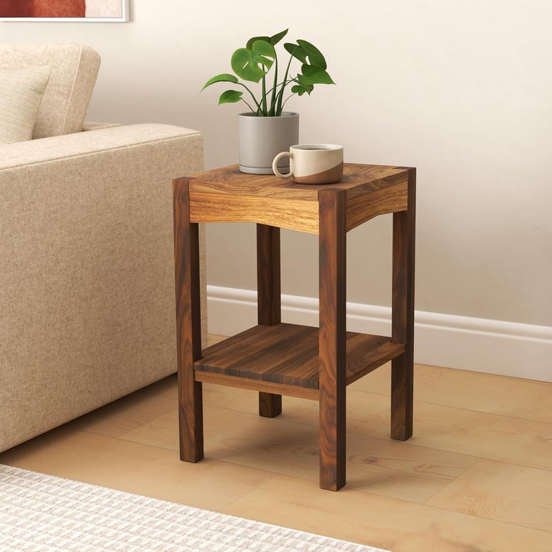 Streem Solid Sheesham Wood Lamp Side Table with Lower Shelf Style02 Brown - Image 2