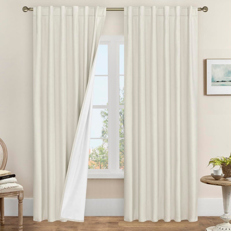 LAMIT Ivory 100 Blackout Linen Curtains 84 Inch Linen Textured Living Room Farmhouse Curtains Room Darkening Back Tab and Rod Pocket Burlap Neutral Panels with White Liner 2 Panels 52 x 84 Inch
