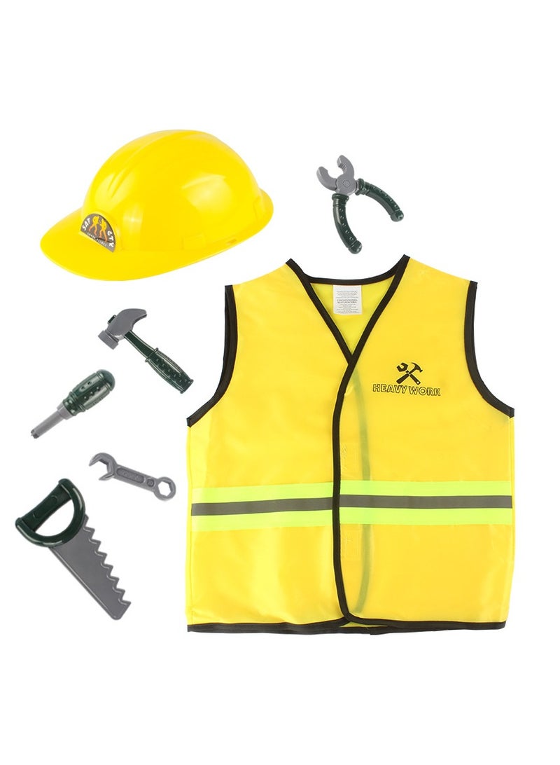 MIXDE 7 PCS Construction Worker Costumes, Costume Role Play Dress up Set with Construction Hat, Costume Vest and Tool, Builder Career Outfit Pretend Role Play Toys, Pretend Role Play Toy Set - Image 1