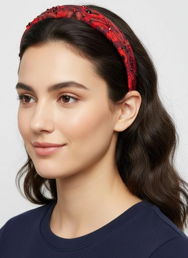JANARA JONES Red Snakes Print Satin Rhinestone Embellished Headband