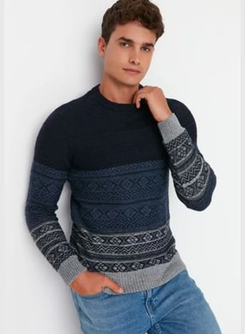trendyol Navy Blue Men's Regular Fit Crewneck Jacquard Knitwear Sweater