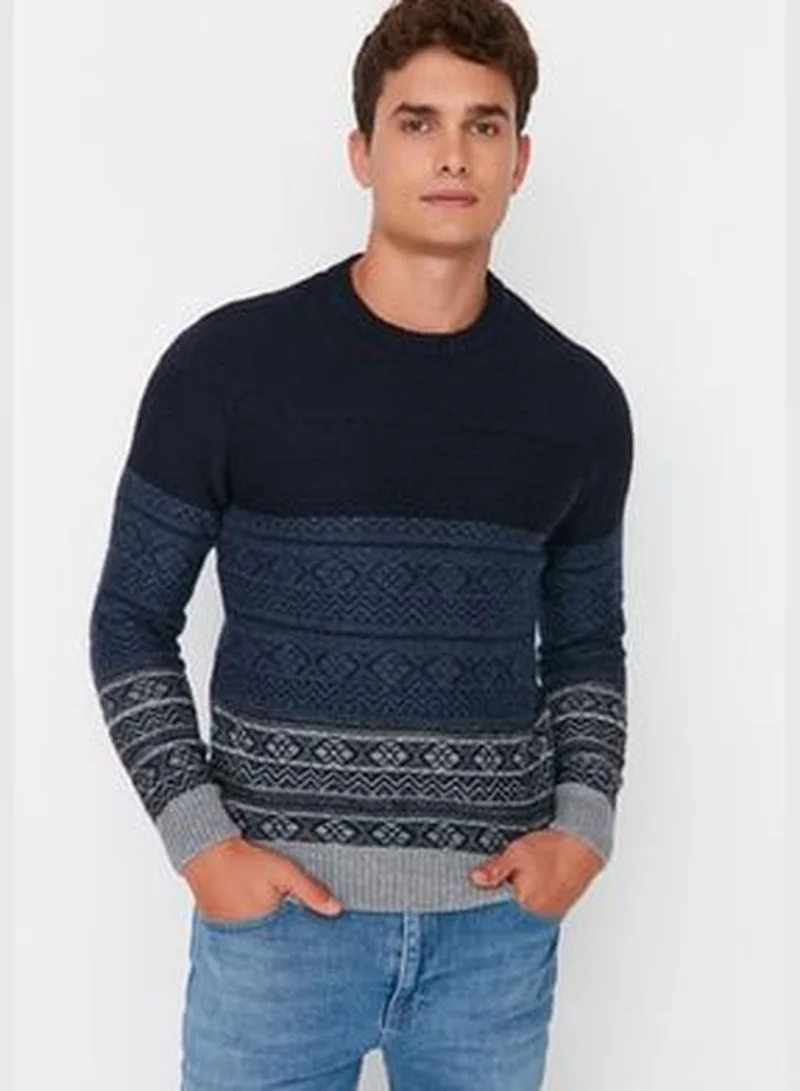 trendyol Navy Blue Men's Regular Fit Crewneck Jacquard Knitwear Sweater