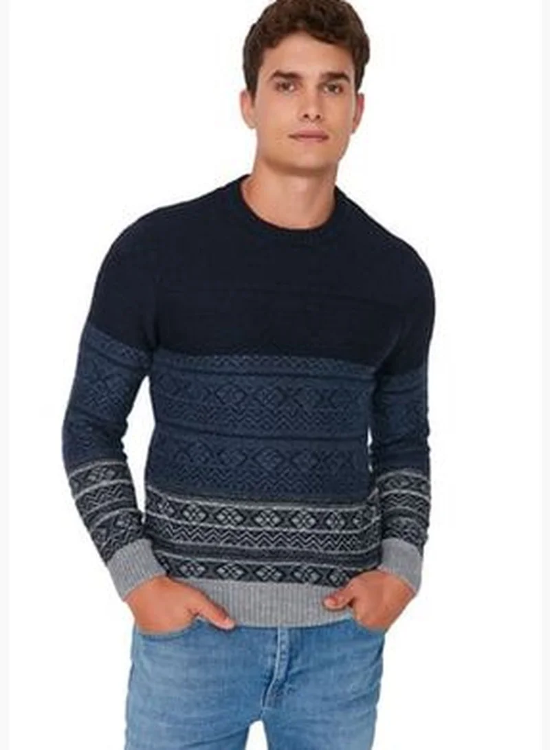 trendyol Navy Blue Men's Regular Fit Crewneck Jacquard Knitwear Sweater