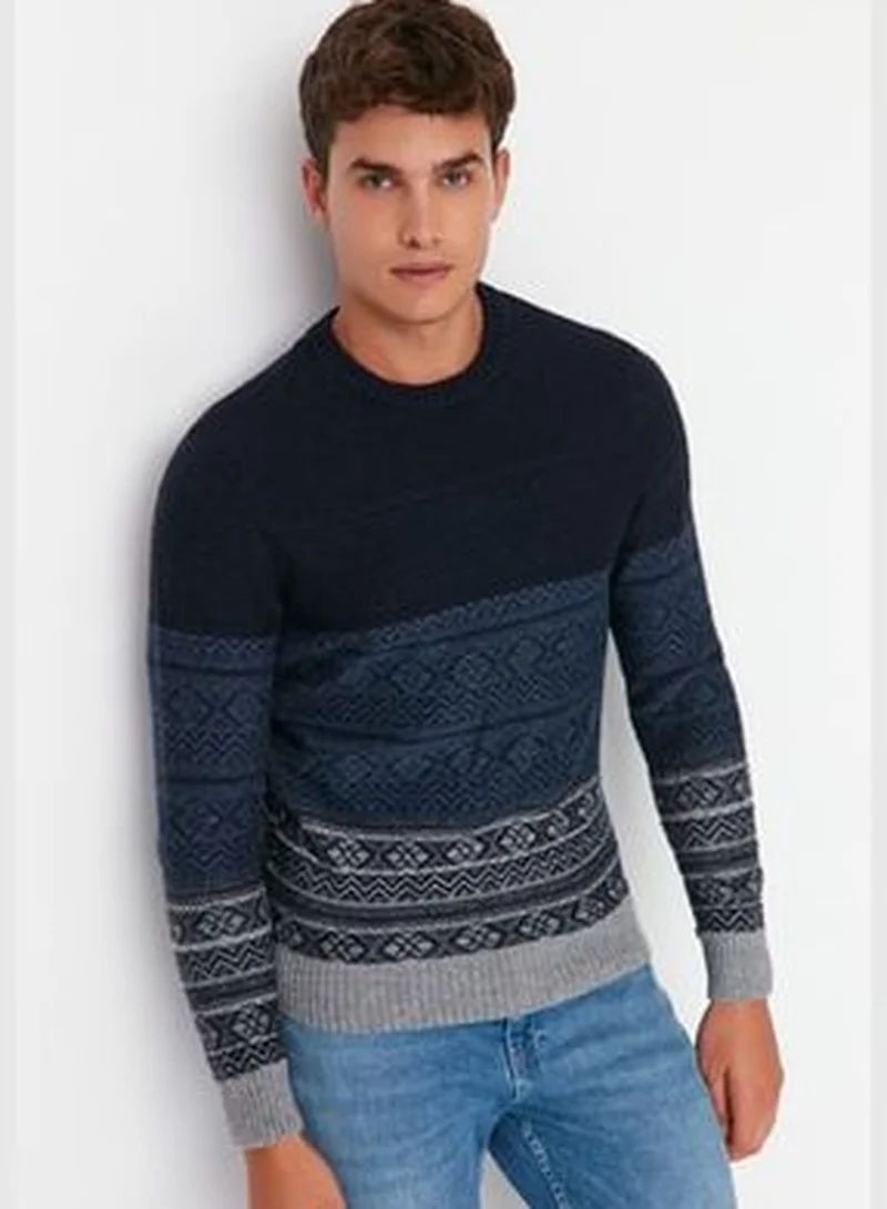 trendyol Navy Blue Men's Regular Fit Crewneck Jacquard Knitwear Sweater