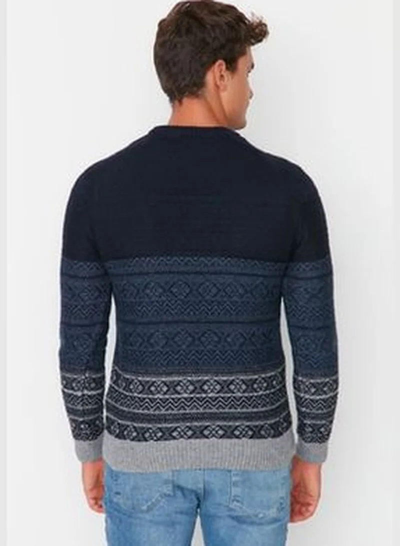 trendyol Navy Blue Men's Regular Fit Crewneck Jacquard Knitwear Sweater