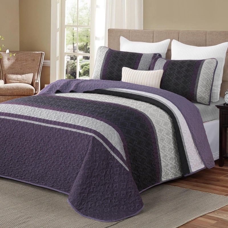 Dinjoy King Size Quilt Set Boho, Soft 3 Pieces Striped Bedspreads Fall Quilts Dark Purple Bedding Sets Boho Lightweight Quilted Coverlets Set Bed for All Seasons 110"x90" - Image 1